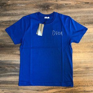Christian Dior Paris White Embroidery Blue T-Shirt